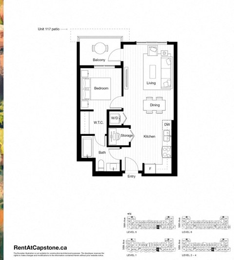 A floor plan for a unit at RentAtCapstone.ca is displayed.